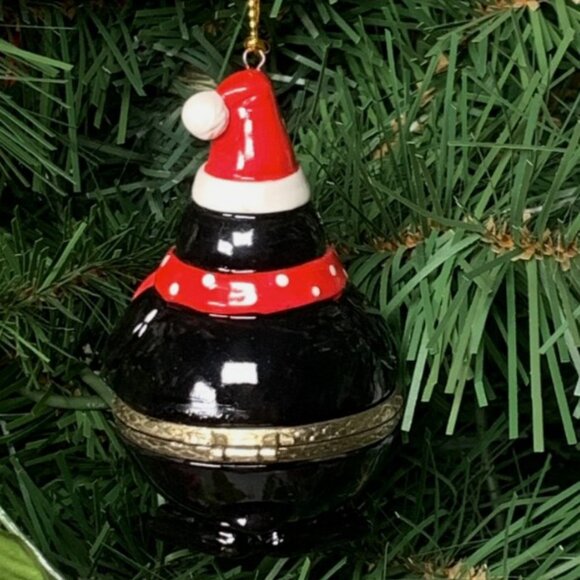 Penguin with Santa Hat Scarf Porcelain Hinged Trinket Box Christmas Ornament - Picture 3 of 5